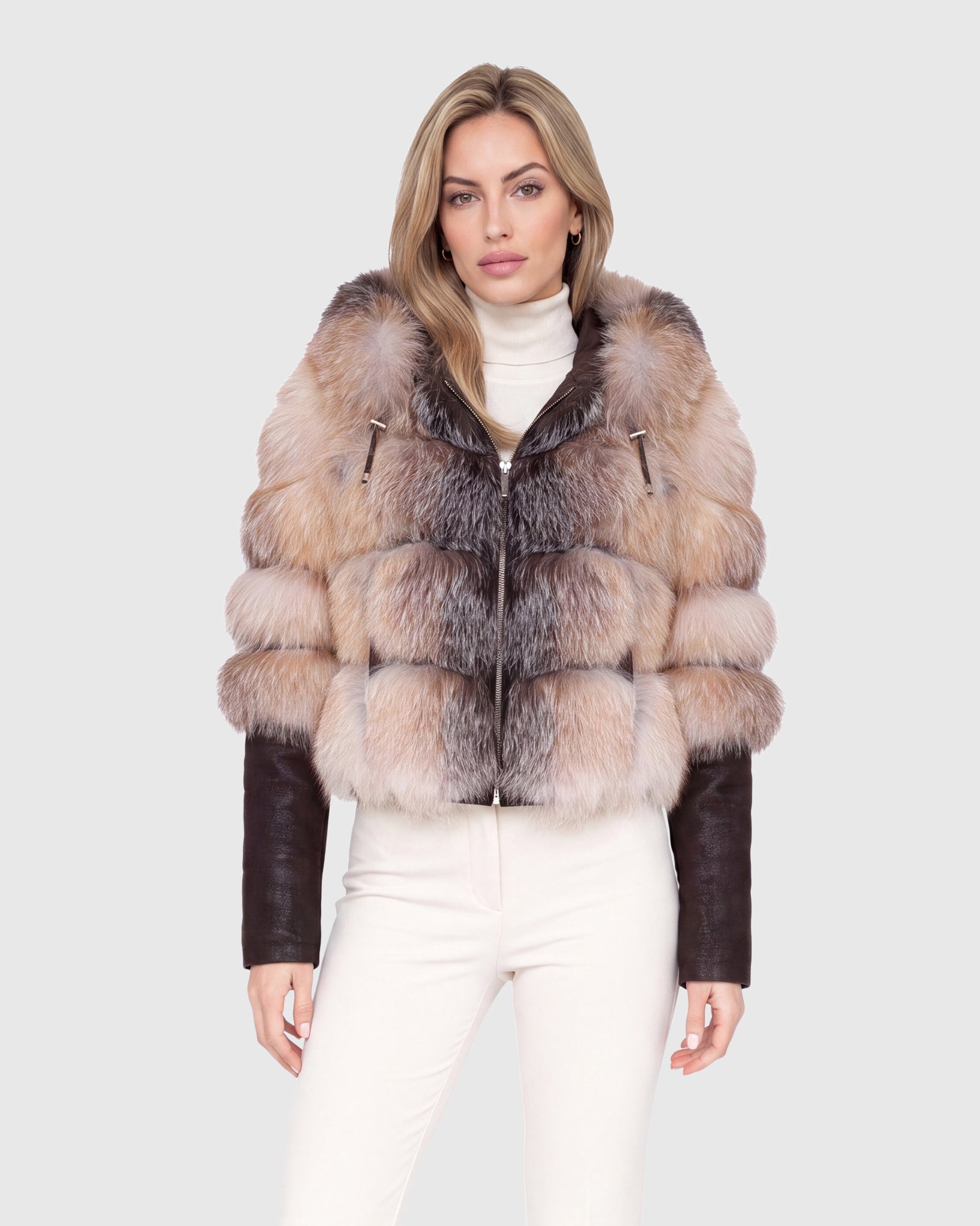CROPPED FOX JACKET WITH DETACHABLE HOOD AND WITH METIS SUEDE LOWER SLEEVES