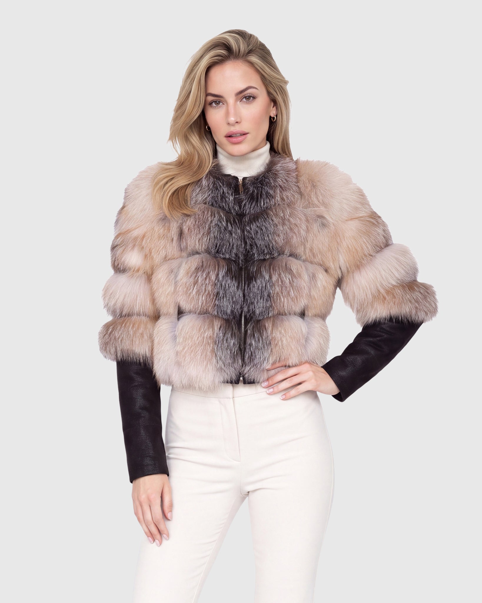CROPPED FOX JACKET WITH DETACHABLE HOOD AND WITH METIS SUEDE LOWER SLEEVES