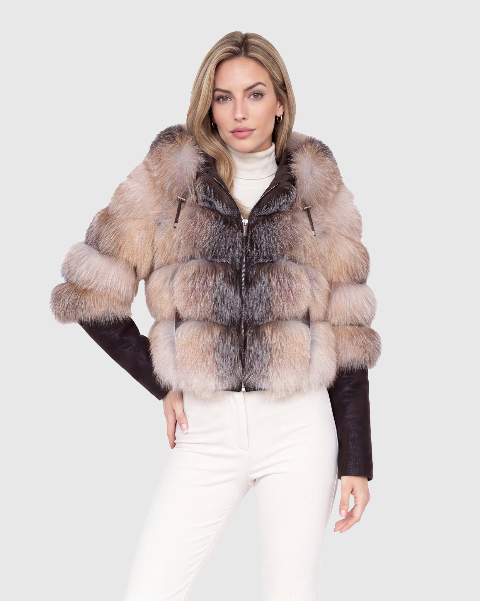 CROPPED FOX JACKET WITH DETACHABLE HOOD AND WITH METIS SUEDE LOWER SLEEVES