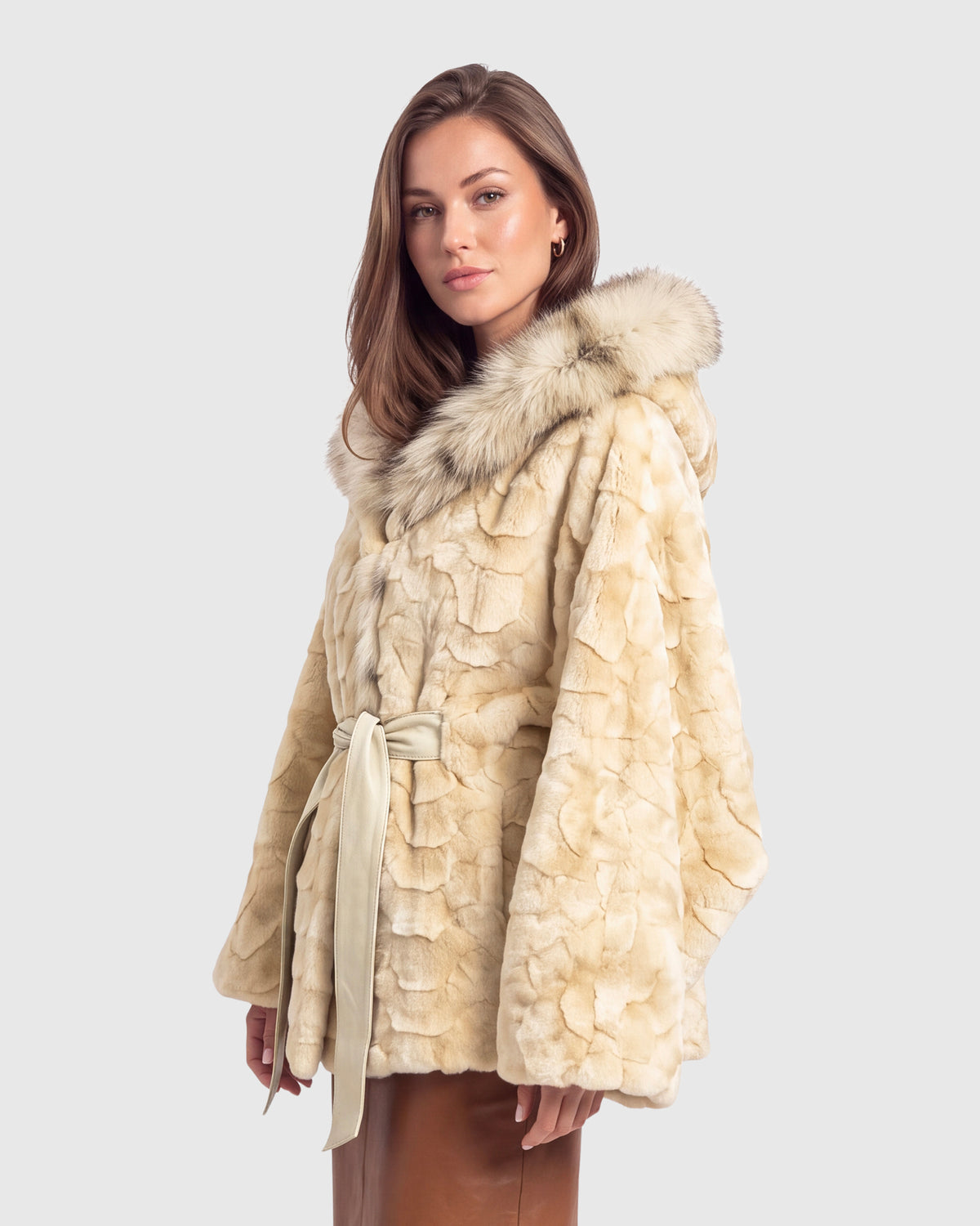 MINK SHEARED SECTIONS CAPE WITH LYNX SECTIONS AND FOX HOOD