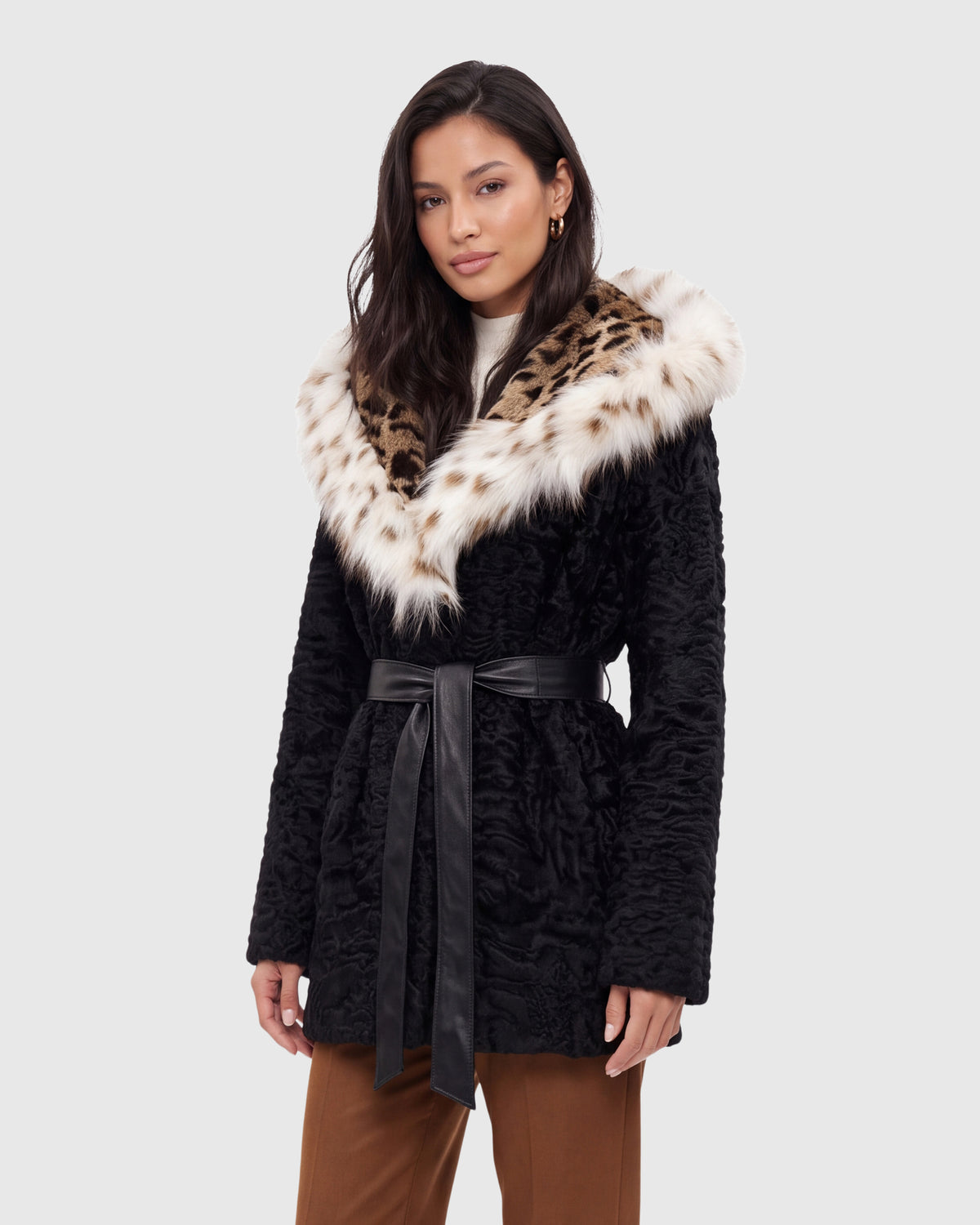 Persian lamb jacket with lynx sections hood and fox trim