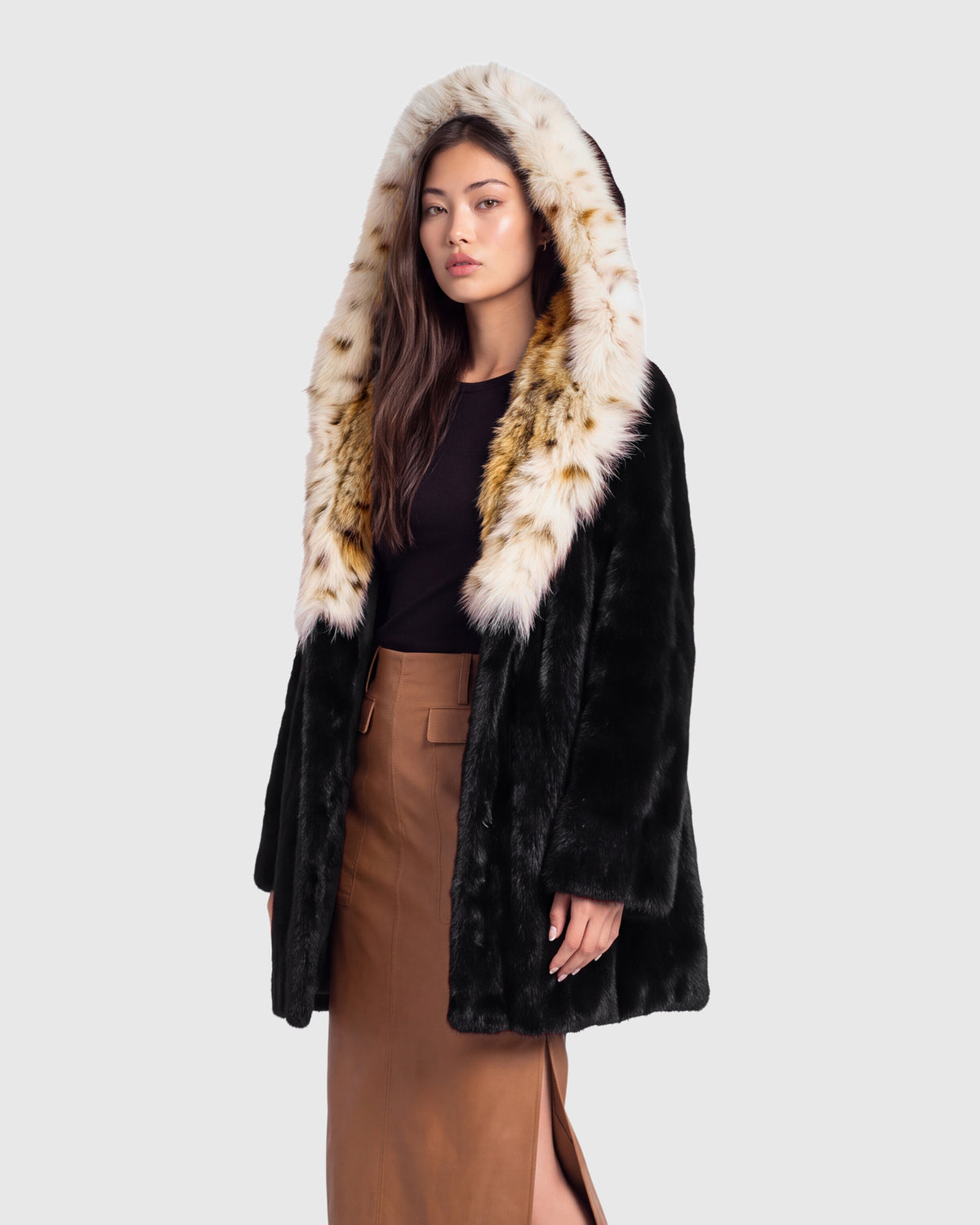 MINK SHEARED SECTIONS JACKET WITH LYNX SECTIONS AND FOX HOOD
