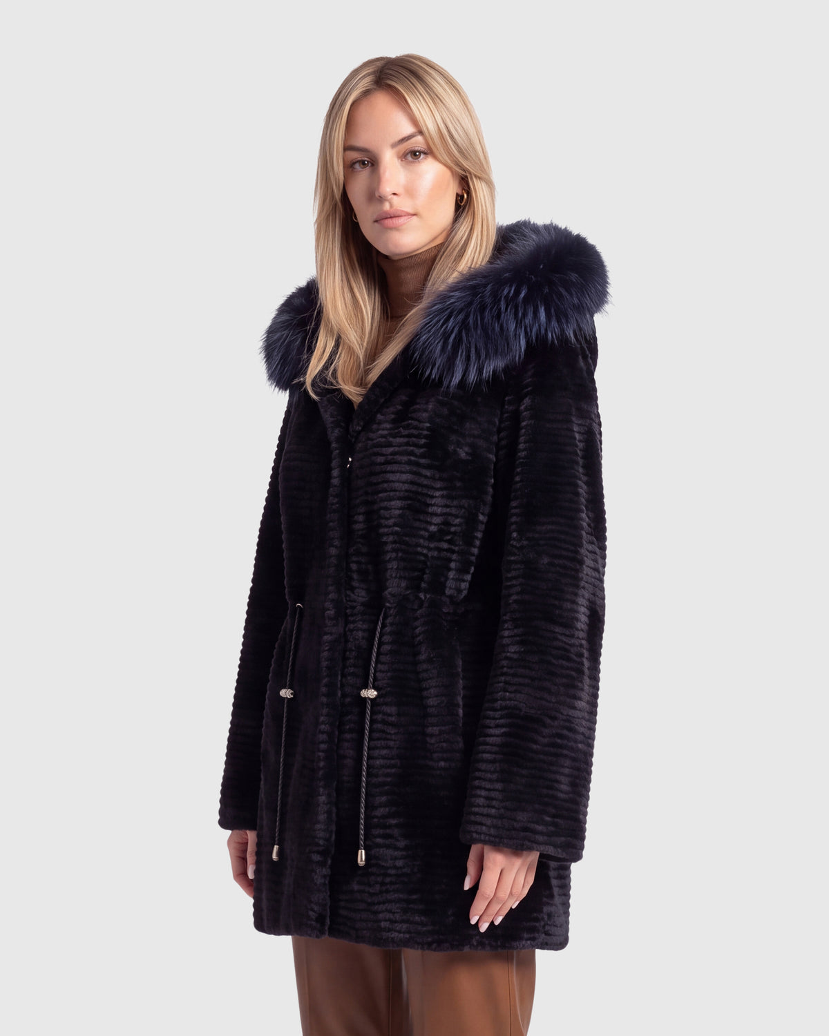 NUTRIA JACKET WITH FOX HOOD TRIM