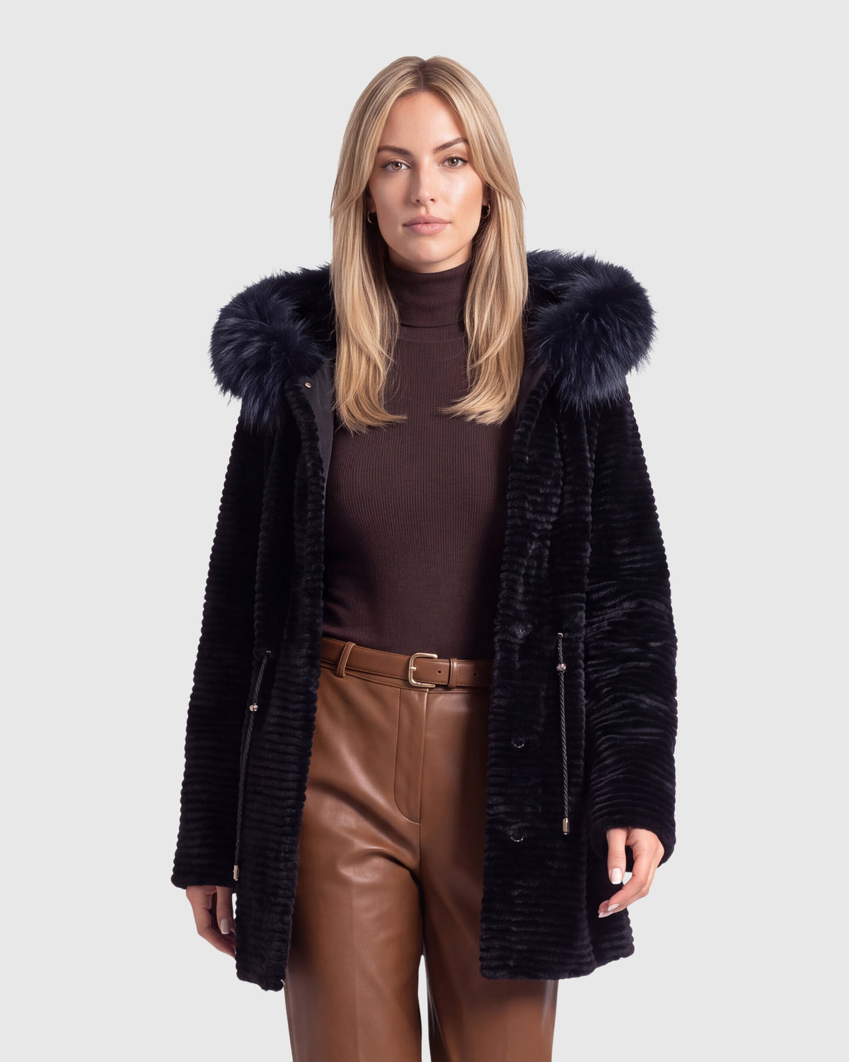 NUTRIA JACKET WITH FOX HOOD TRIM