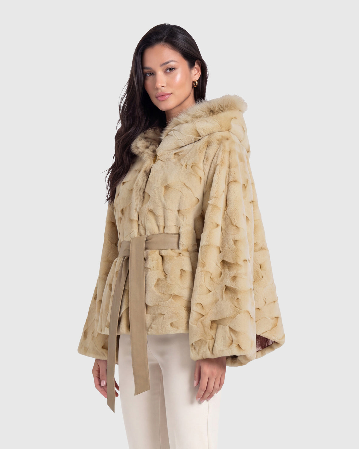 MINK SHEARED SECTIONS CAPE WITH LYNX SECTIONS HOOD AND FOX TRIM