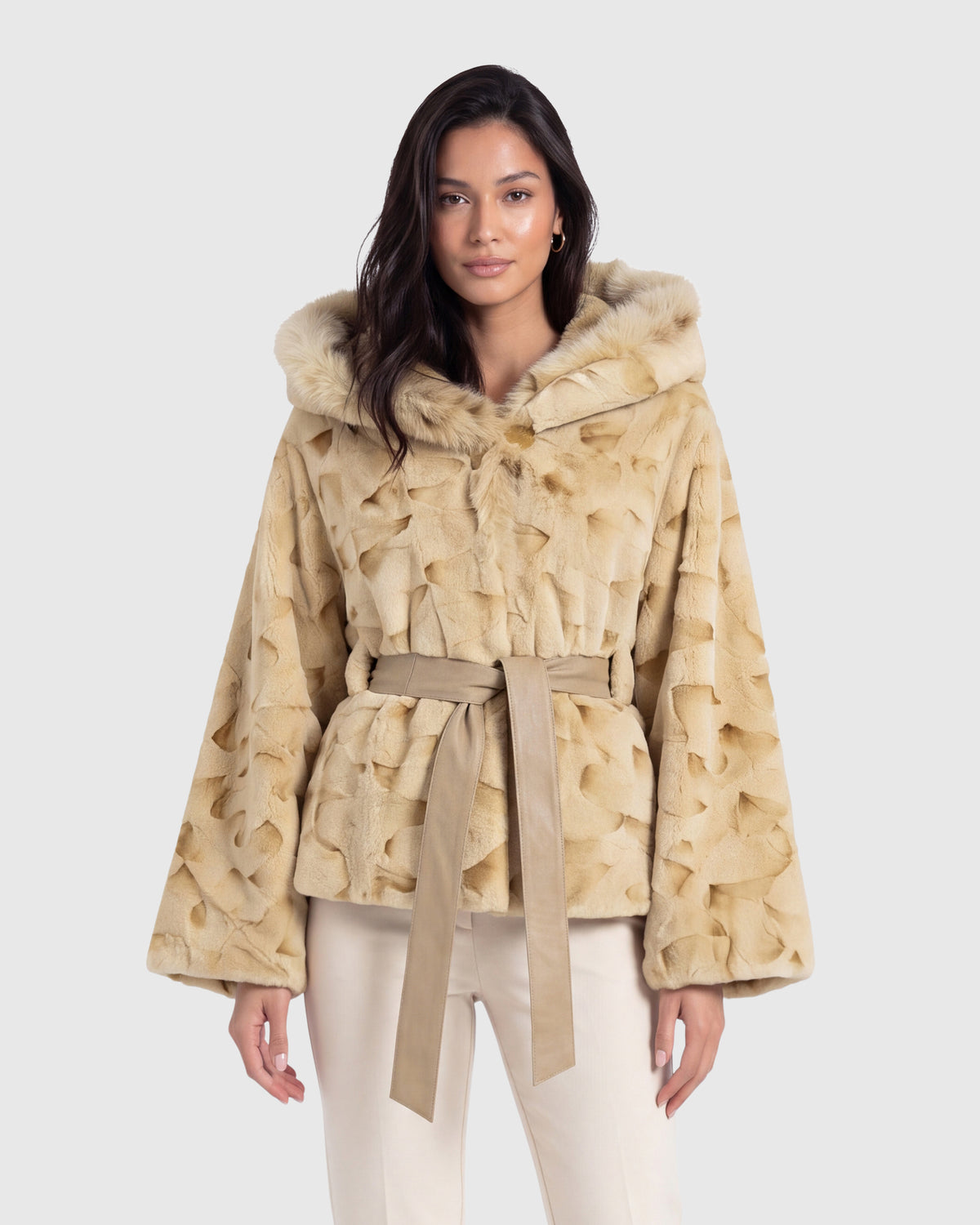 MINK SHEARED SECTIONS CAPE WITH LYNX SECTIONS HOOD AND FOX TRIM
