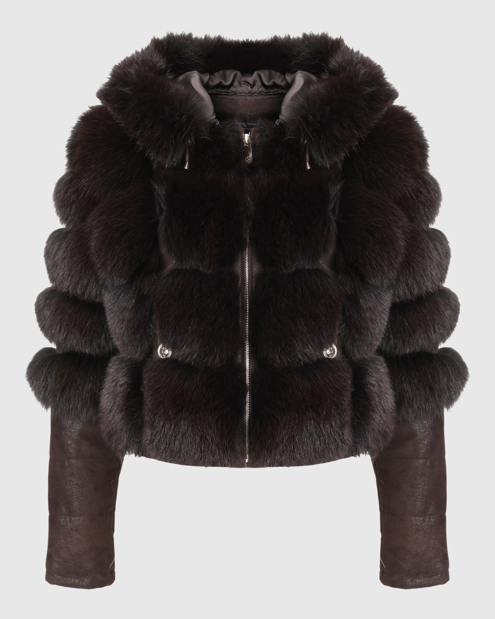 CROPPED FOX JACKET WITH DETACHABLE HOOD AND WITH METIS SUEDE LOWER SLEEVES