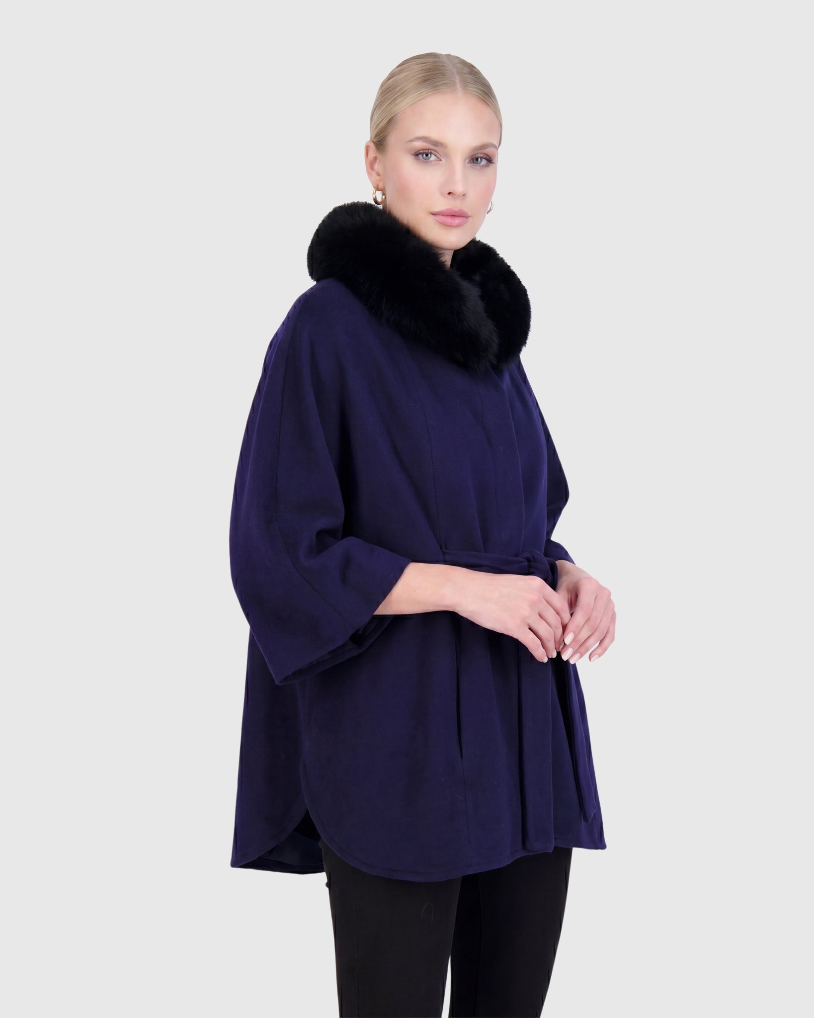 WOOL BELTED CAPE WITH FOX COLLAR