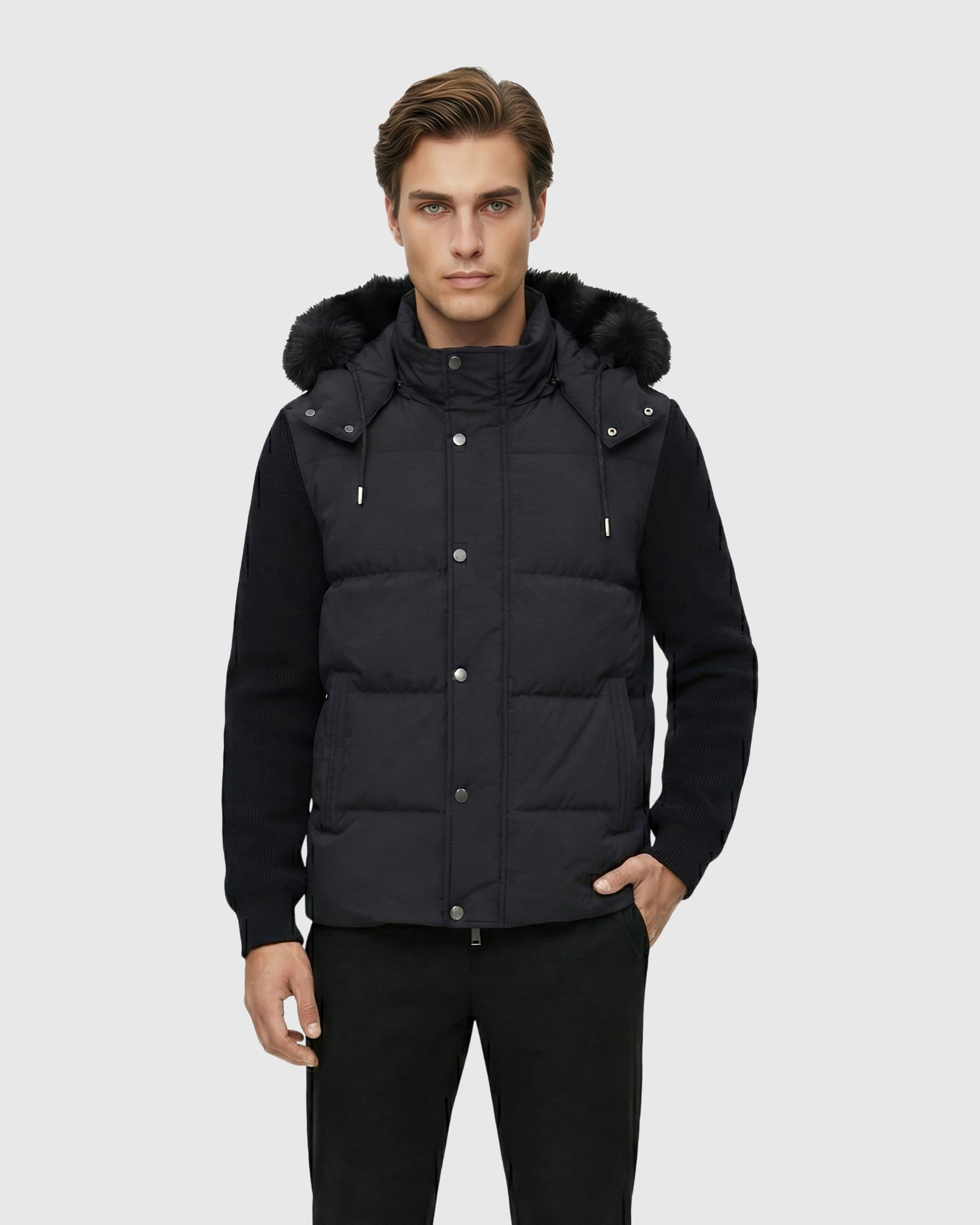 MEN'S QUILTED DOWN BOMBER WITH DETACHEABLE KNIT SLEEVES, SHEARLING HOOD TRIM