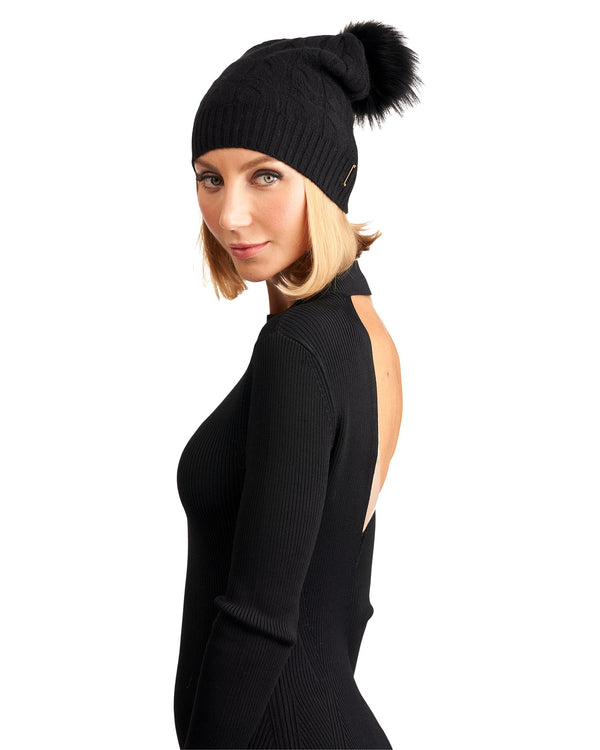 Cable Knit Cashmere Hat With Fox Fur Pompom