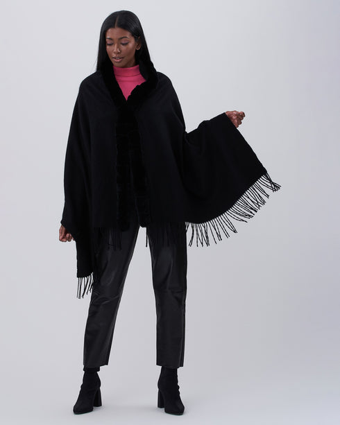Cashmere Stole With Rex Rabbit Square Trim