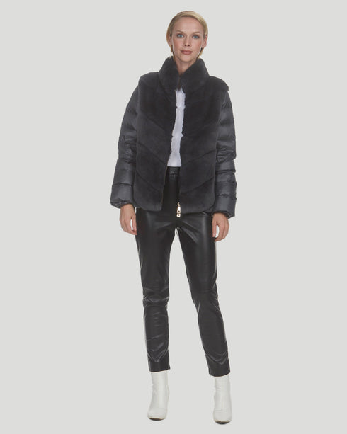 Chevron Rex Rabbit Jacket With Quilted Down Back And Sleeves