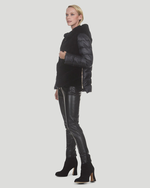 Chevron Rex Rabbit Jacket With Quilted Down Back And Sleeves