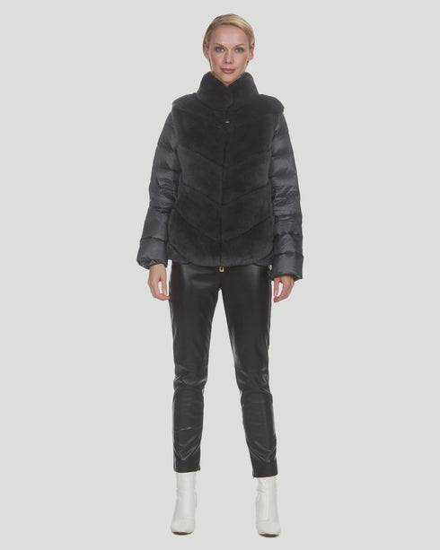 Chevron Rex Rabbit Jacket With Quilted Down Back And Sleeves