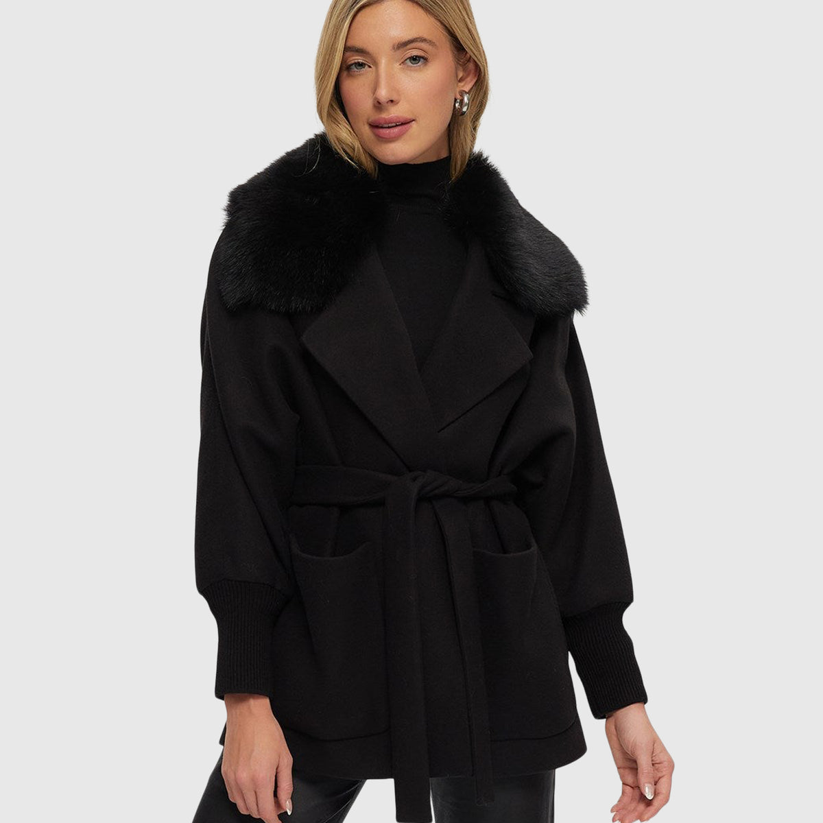 Fabric Jacket with Detachable Select Shearling Lamb Collar and Belt