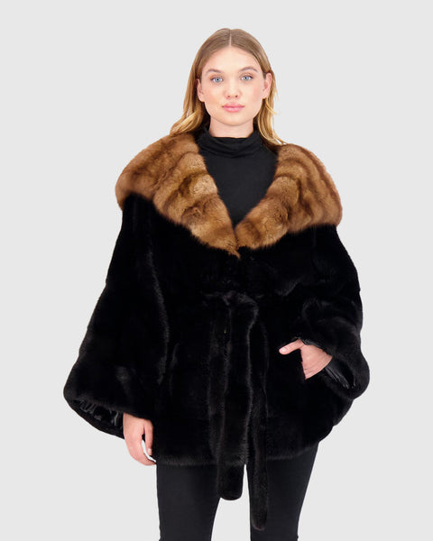 Horizontal Mink Cape With Sable Hood, Mink Belt