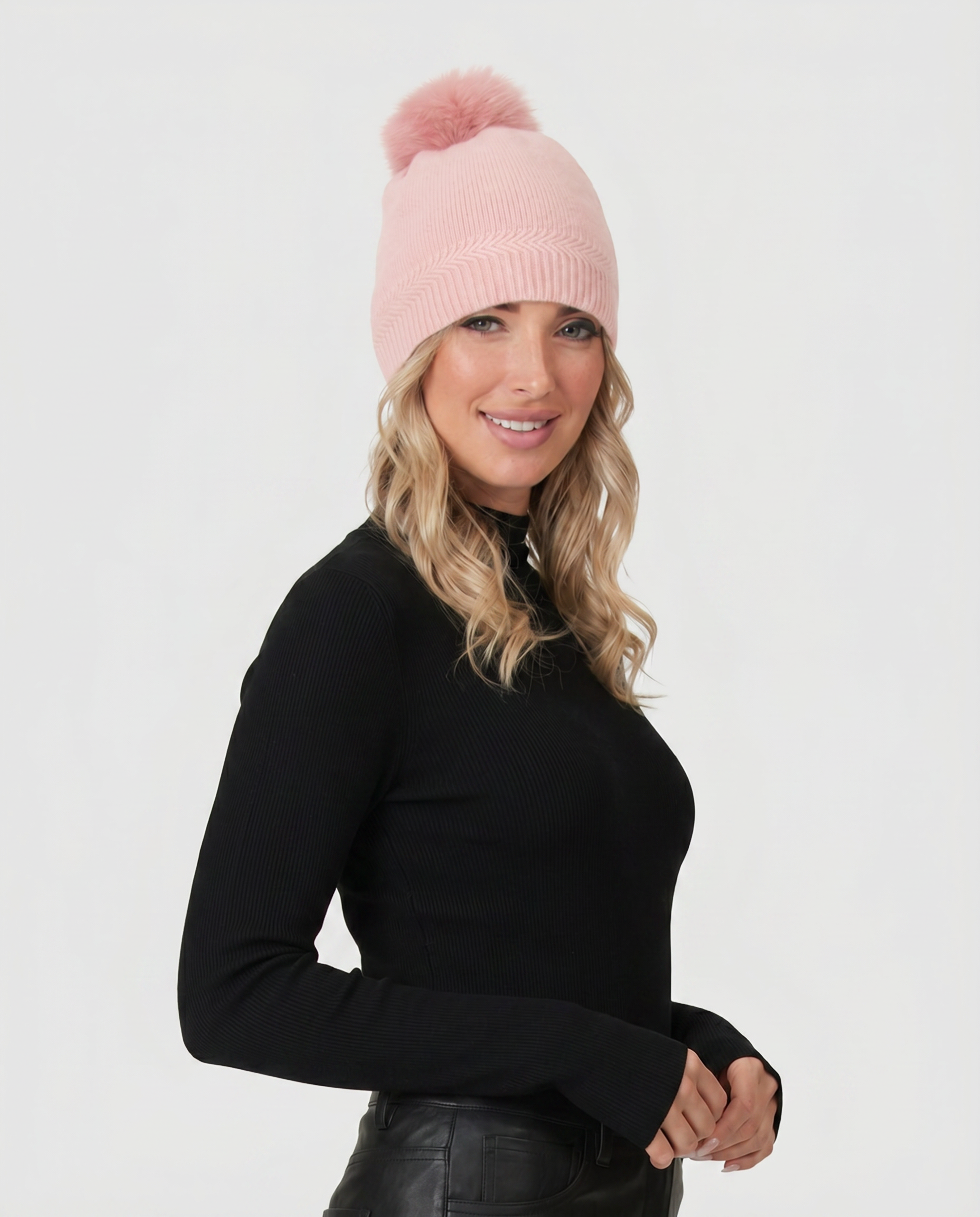 Knit Cashmere Hat With Fox Fur Pompom