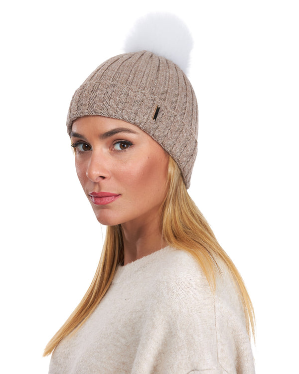 Knit Hat With Fox Pompom