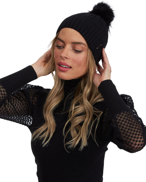 Knit Hat With Silver Fox Pompom