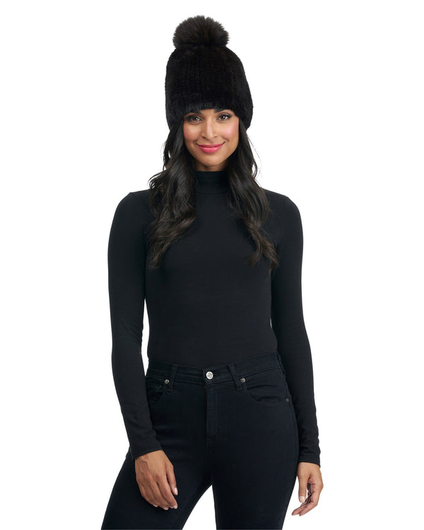 Knit Mink Hat With Fox Pompom