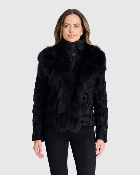 ジャケット・アウター black lamb fur jacket Lamb Sections Jacket with Fox Trim