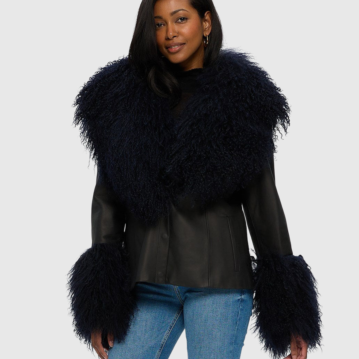 Jacket Shawl Leather Jacket With Mongolian Goat Shawl Collar Cuffs