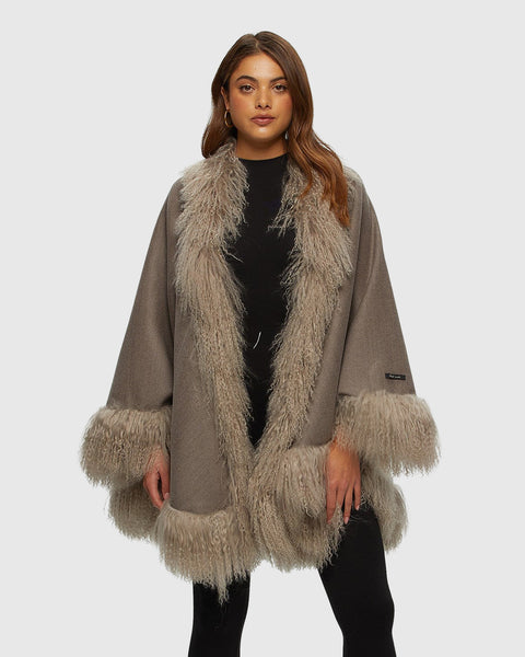 WOOL & CASHMERE CAPE CRAFTED FROM LORO PIANA WITH MONGOLIAN LAMB TRIM