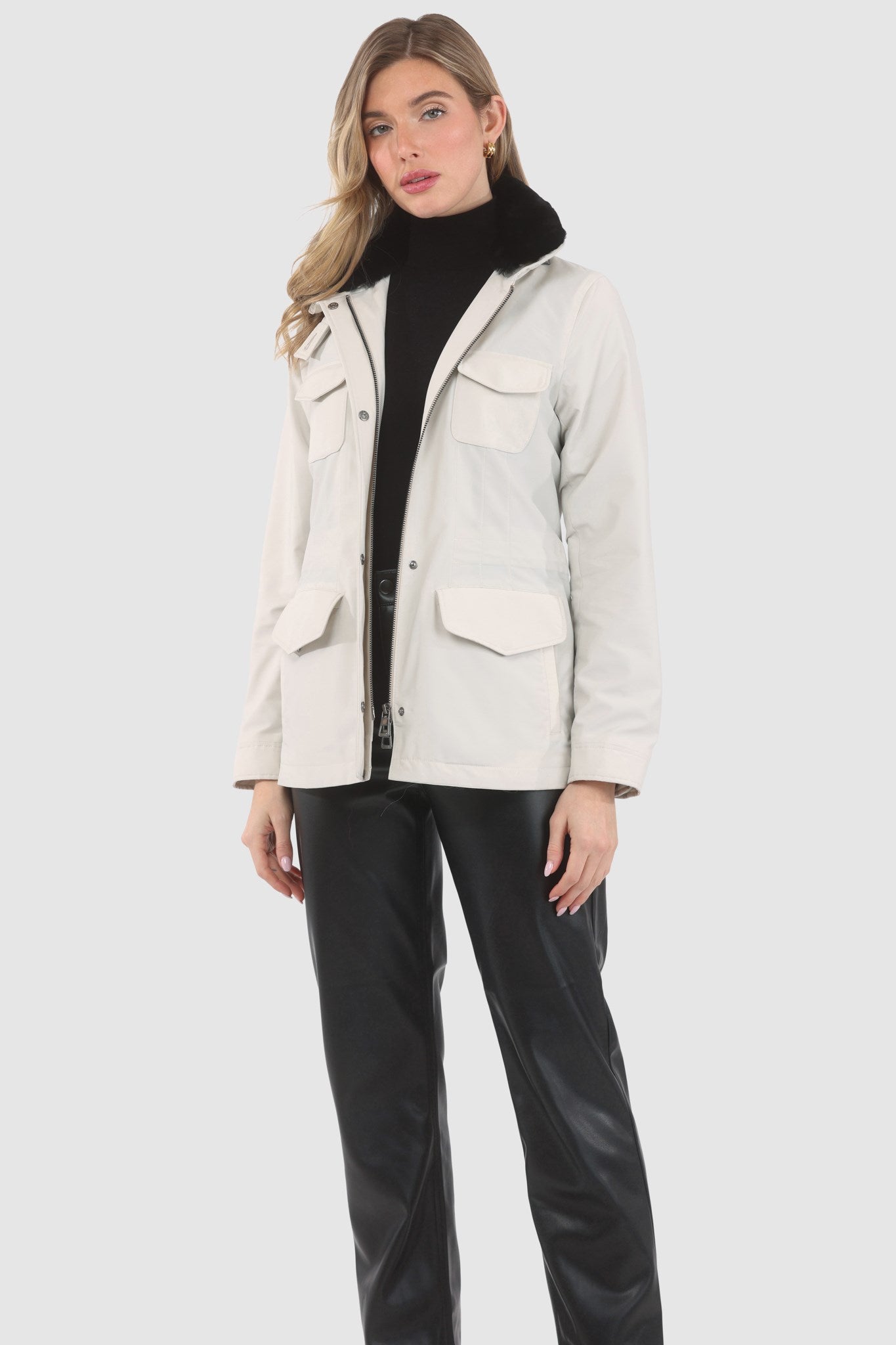 Jacket Crafted From Loro Piana Storm System Fabric with Detachable Select Shearling Lamb Collar and Concealed Hood