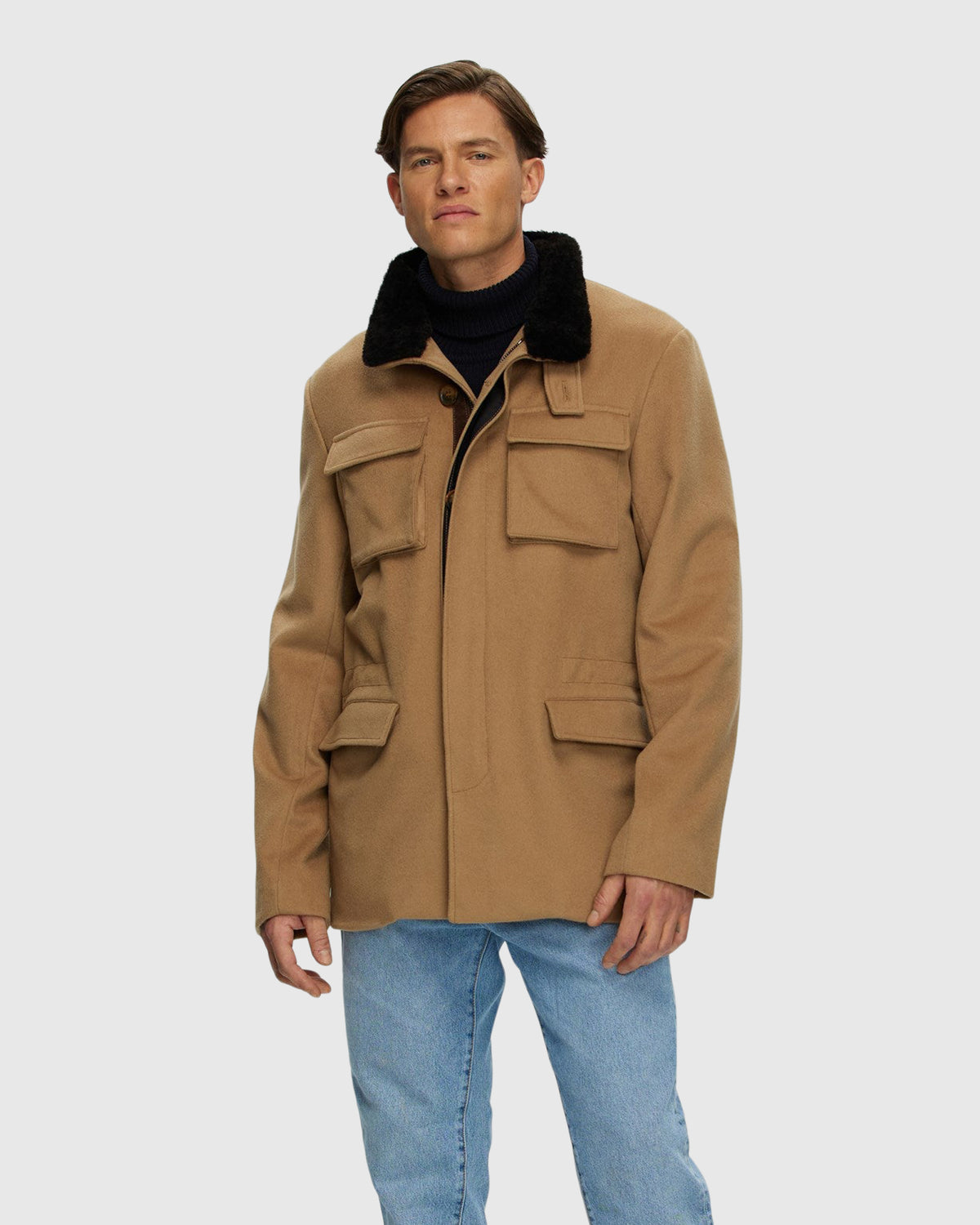 Men's cashmere jacket crafted from Loro Piana with detachable select shearling lamb collar in camel and dark brown, front view