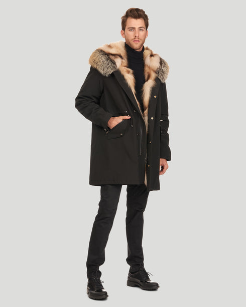 Men'S Parka With Fox Tuxedo And Hood Trim