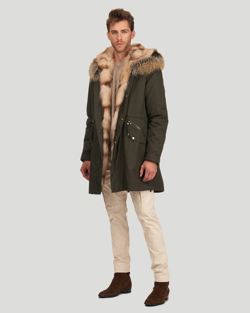 Men'S Parka With Fox Tuxedo And Hood Trim