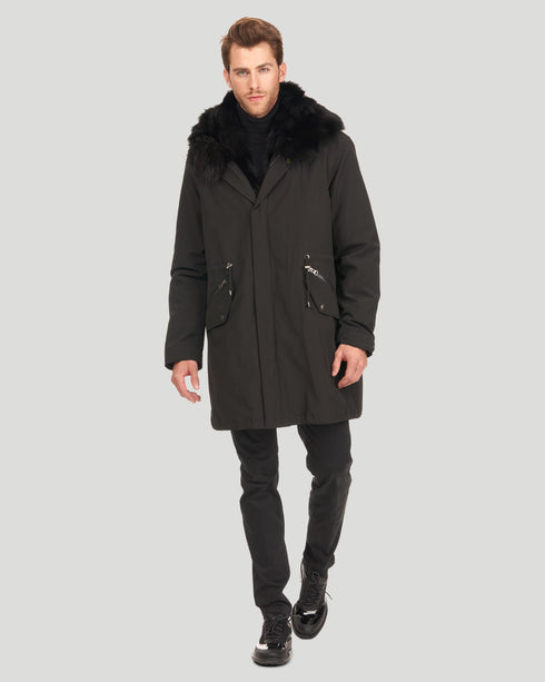 Men'S Parka With Fox Tuxedo And Hood Trim