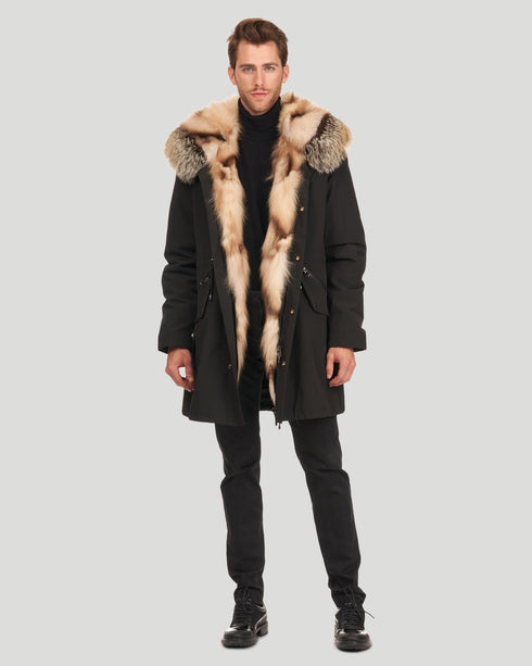 Men'S Parka With Fox Tuxedo And Hood Trim
