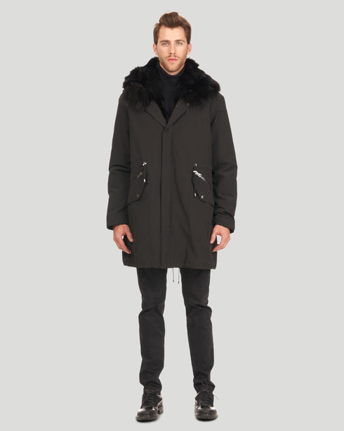 Men'S Parka With Fox Tuxedo And Hood Trim