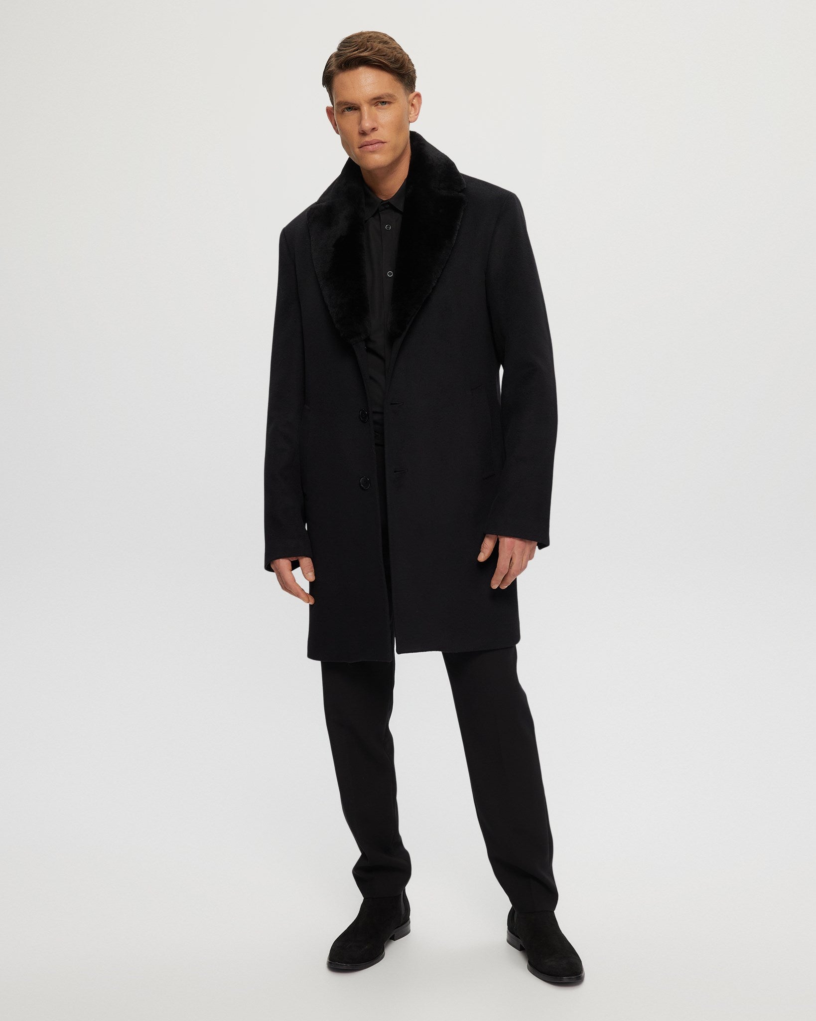 Men s Wool Short Coat with Detachable Merino Shearling Lamb Collar