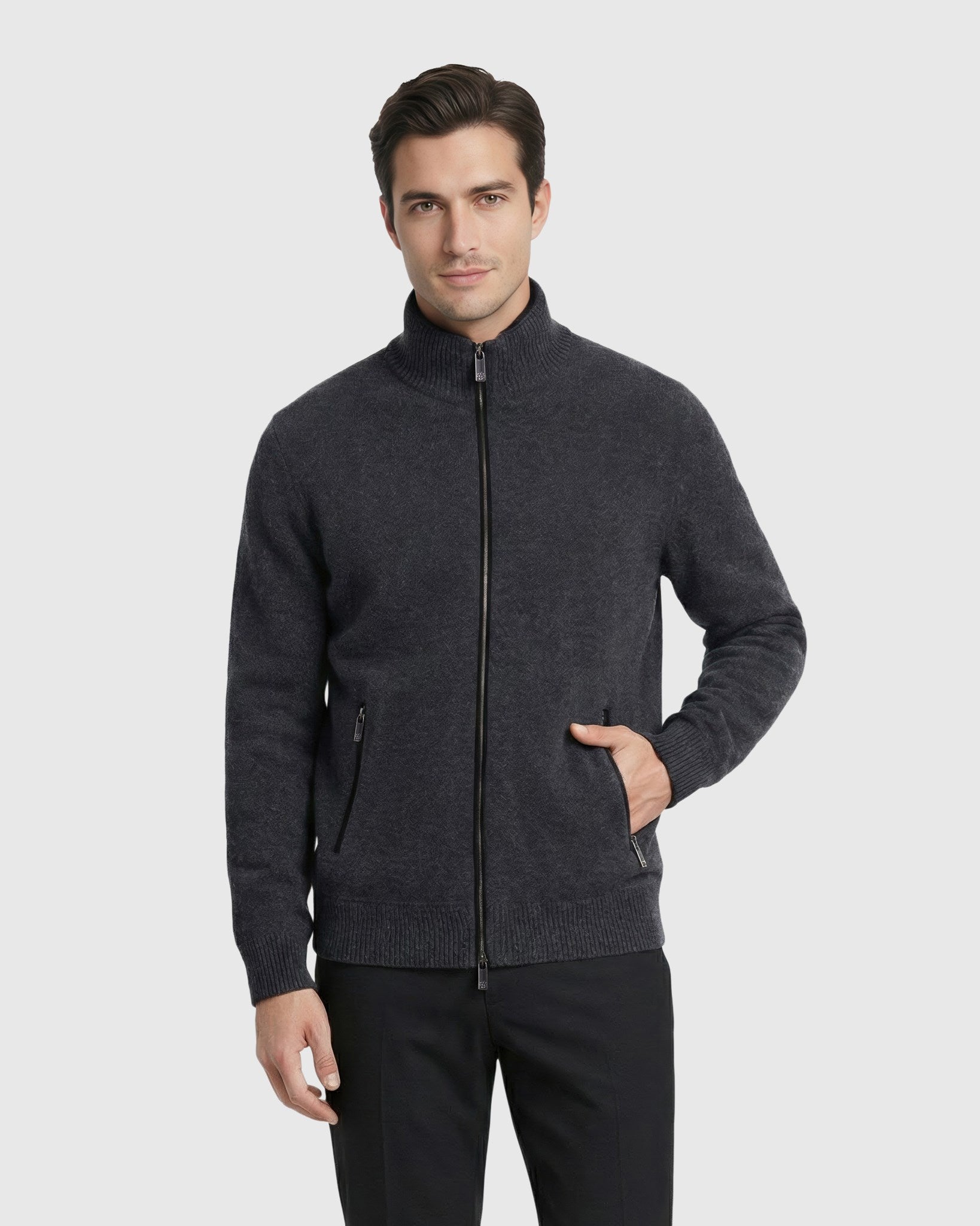 MEN`S KNIT JACKET, QUILTED DOWN-FILLED LINED, DETACHABLE SELECT SHEARL
