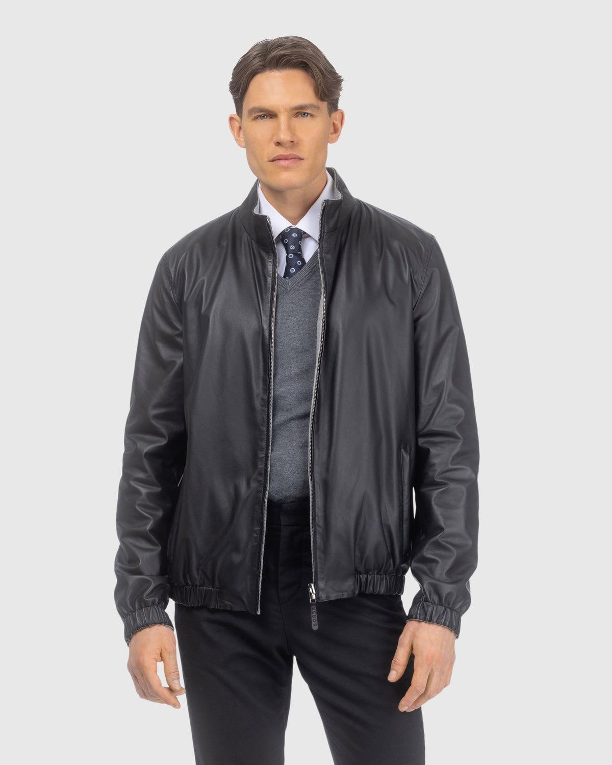Men's light nappa leather jacket reversible to cashmere and wool crafted from Loro Piana in black and gray, front view