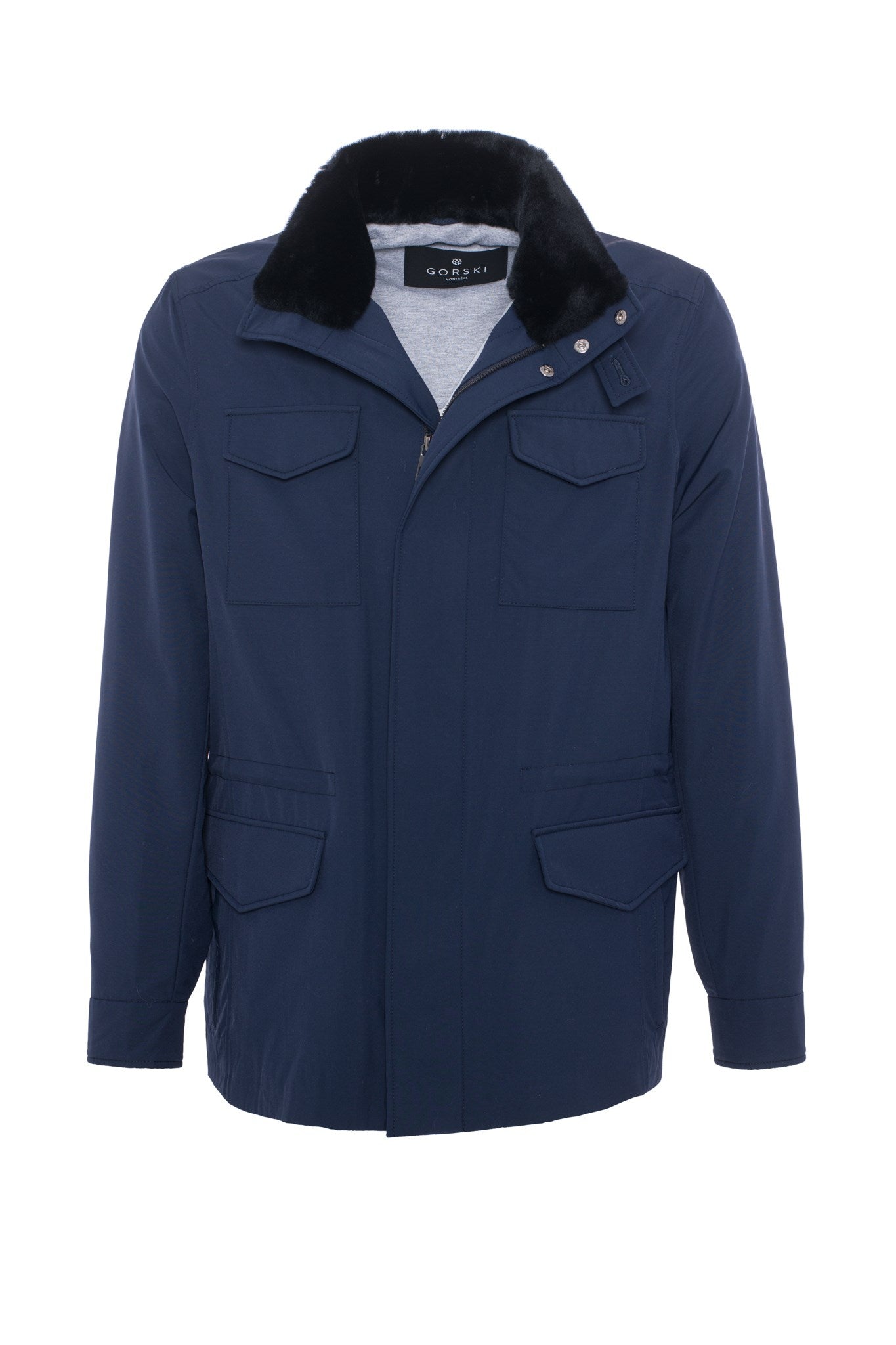 Men's Jacket Crafted From Loro Piana Storm System Fabric with Detachable Shearling Lamb Collar and Concealed Hood