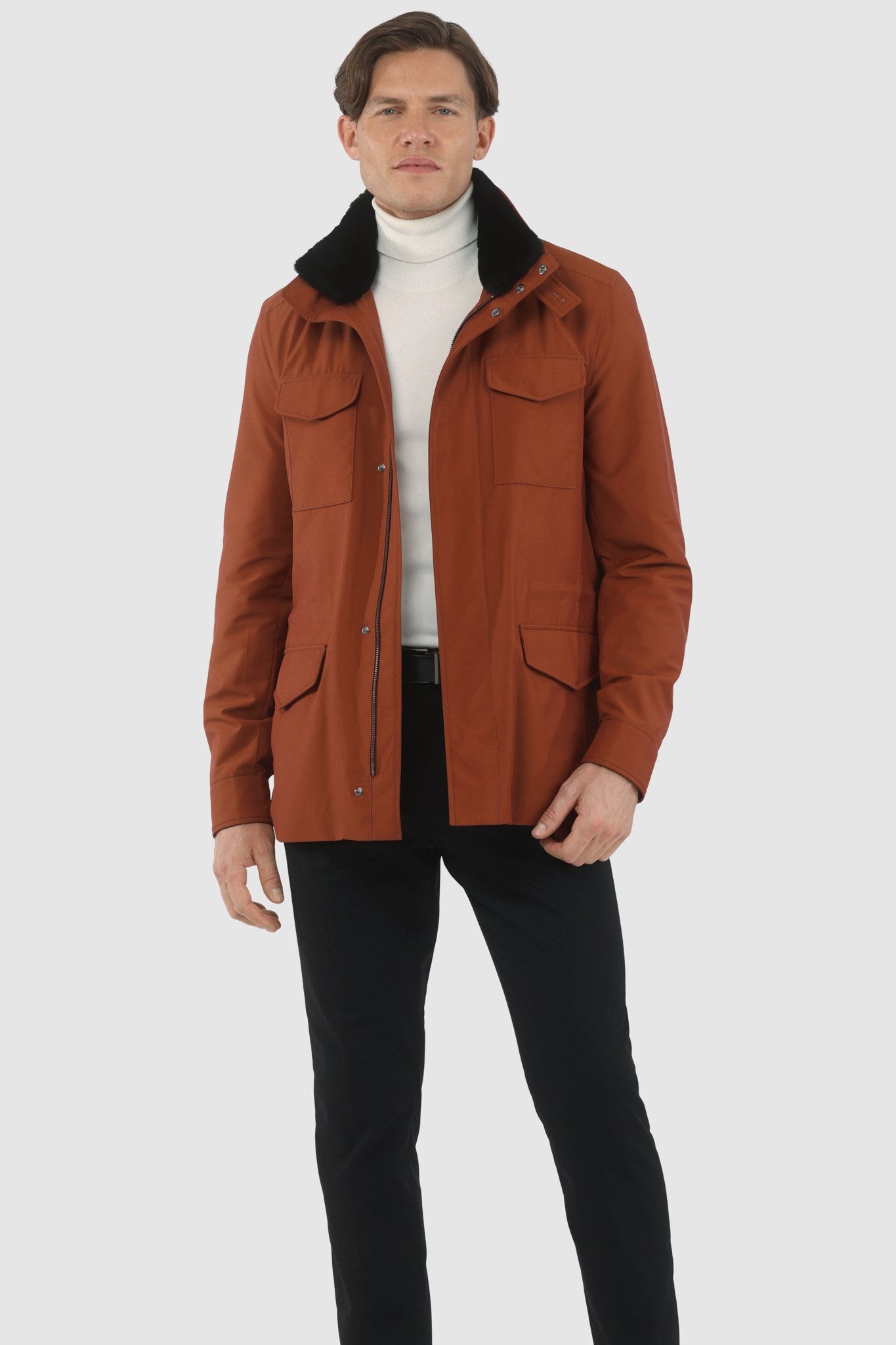 Men's Jacket Crafted From Loro Piana Storm System Fabric with Detachable Shearling Lamb Collar and Concealed Hood