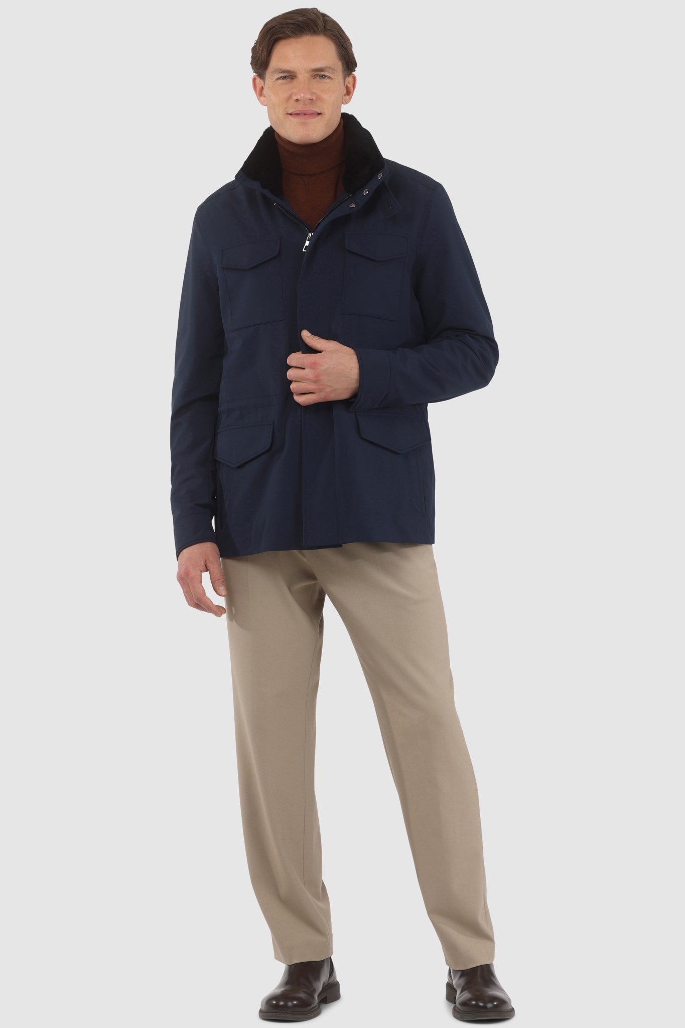 Men's Jacket Crafted From Loro Piana Storm System Fabric with Detachable Shearling Lamb Collar and Concealed Hood