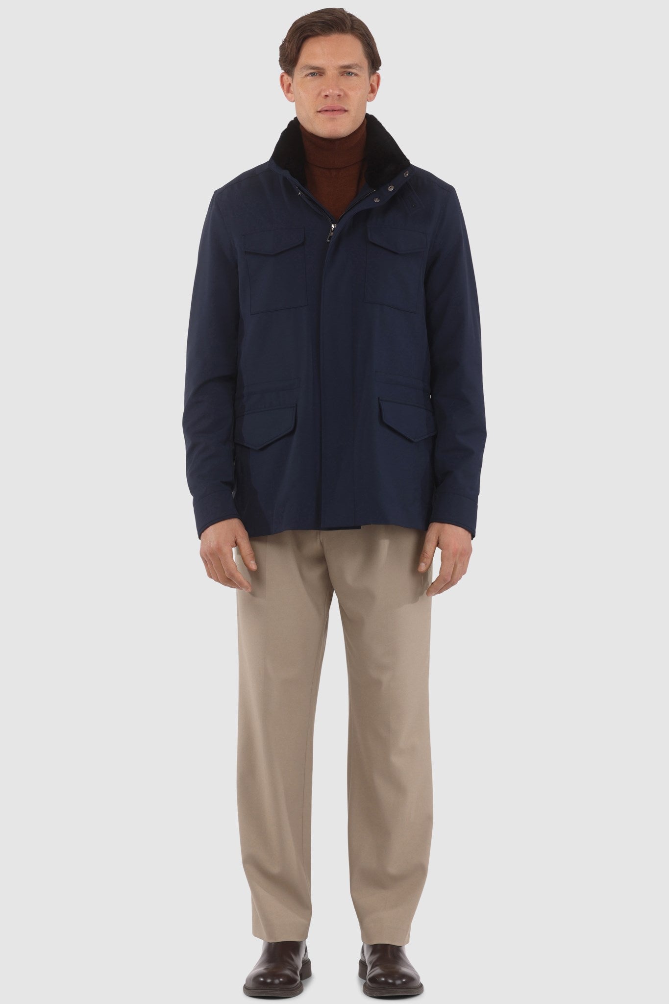 Men's Jacket Crafted From Loro Piana Storm System Fabric with Detachable Shearling Lamb Collar and Concealed Hood