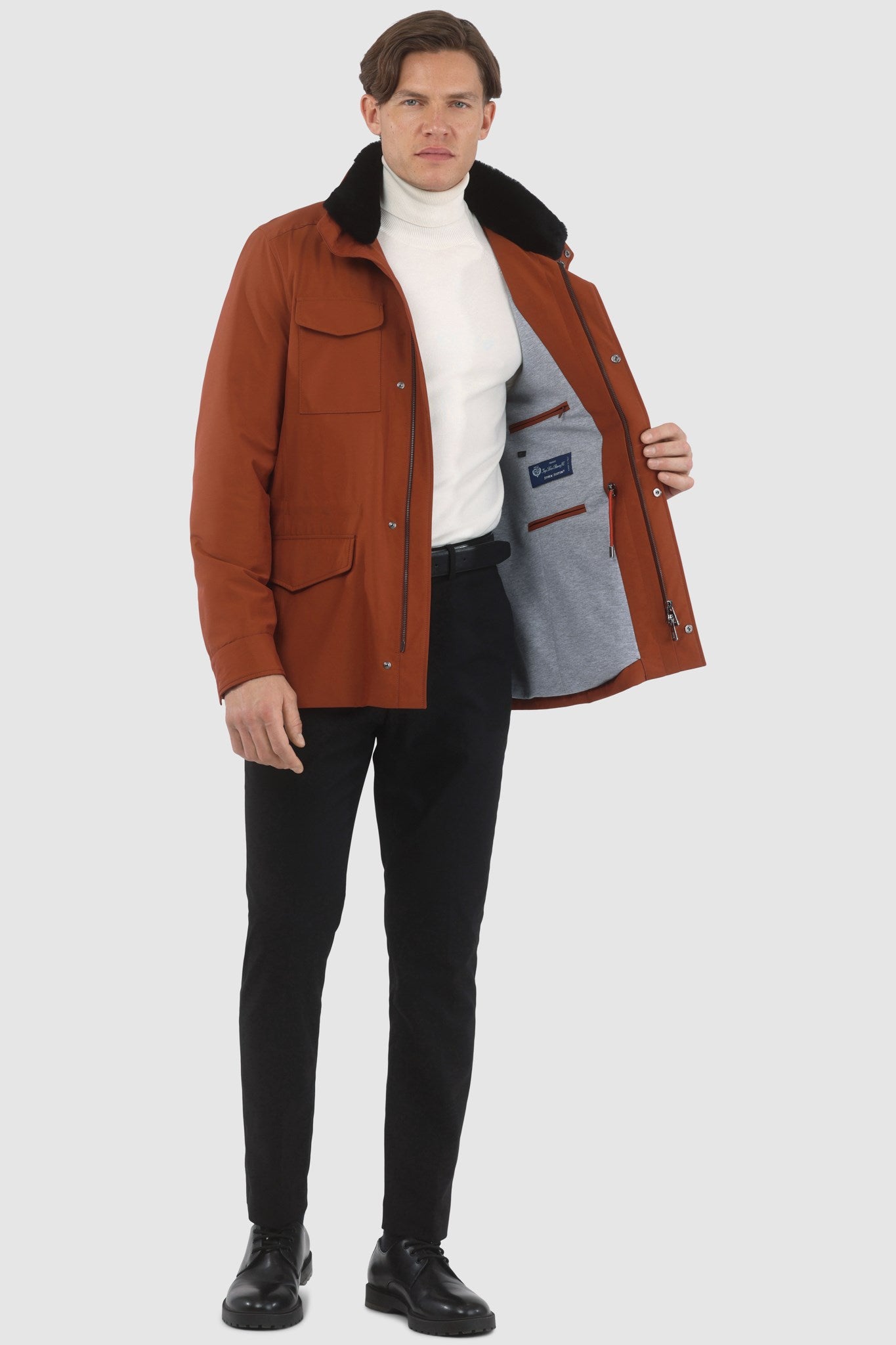 Men's Jacket Crafted From Loro Piana Storm System Fabric with Detachable Shearling Lamb Collar and Concealed Hood