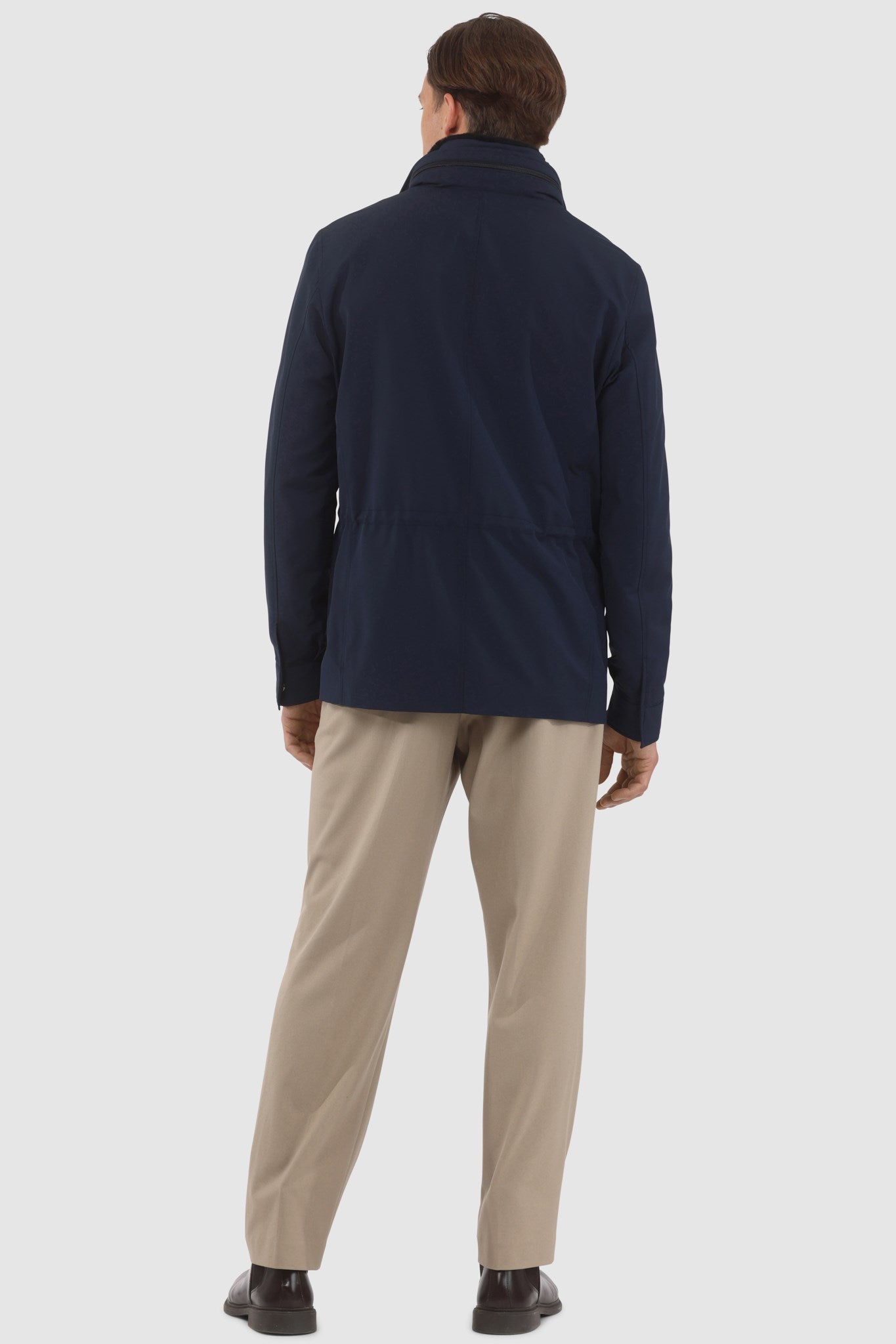 Men's Jacket Crafted From Loro Piana Storm System Fabric with Detachable Shearling Lamb Collar and Concealed Hood