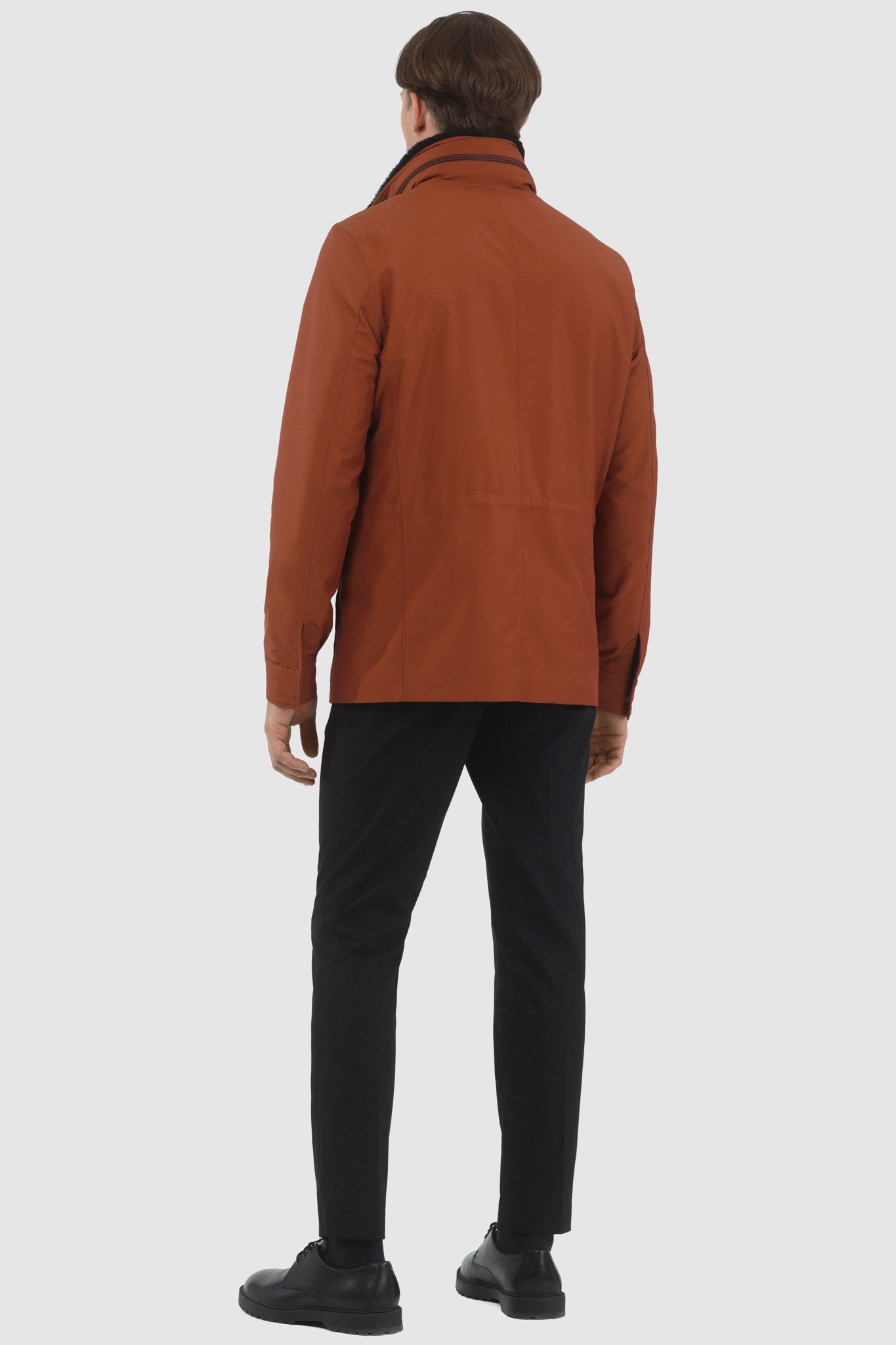 Men's Jacket Crafted From Loro Piana Storm System Fabric with Detachable Shearling Lamb Collar and Concealed Hood