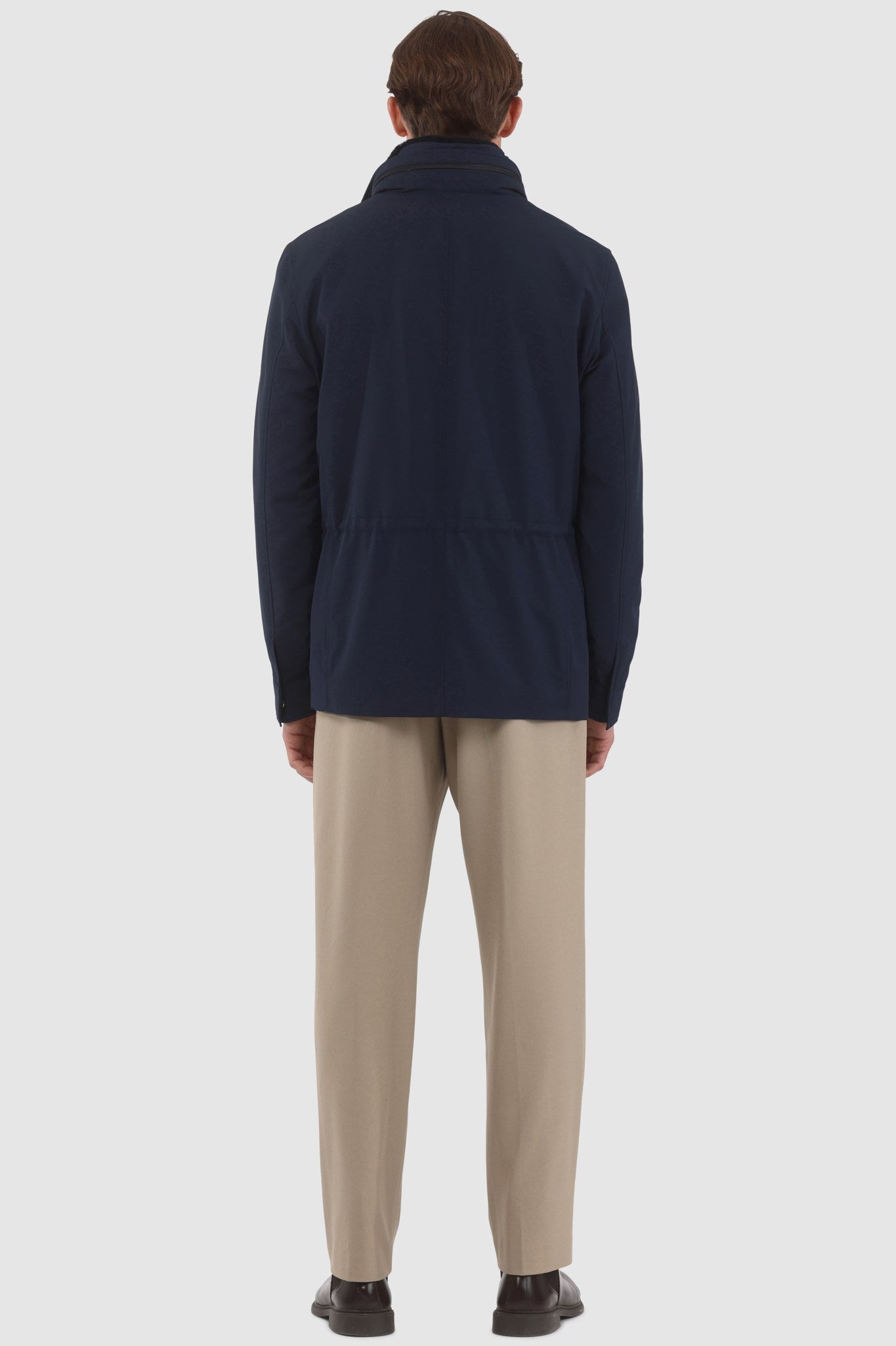 Men's Jacket Crafted From Loro Piana Storm System Fabric with Detachable Shearling Lamb Collar and Concealed Hood