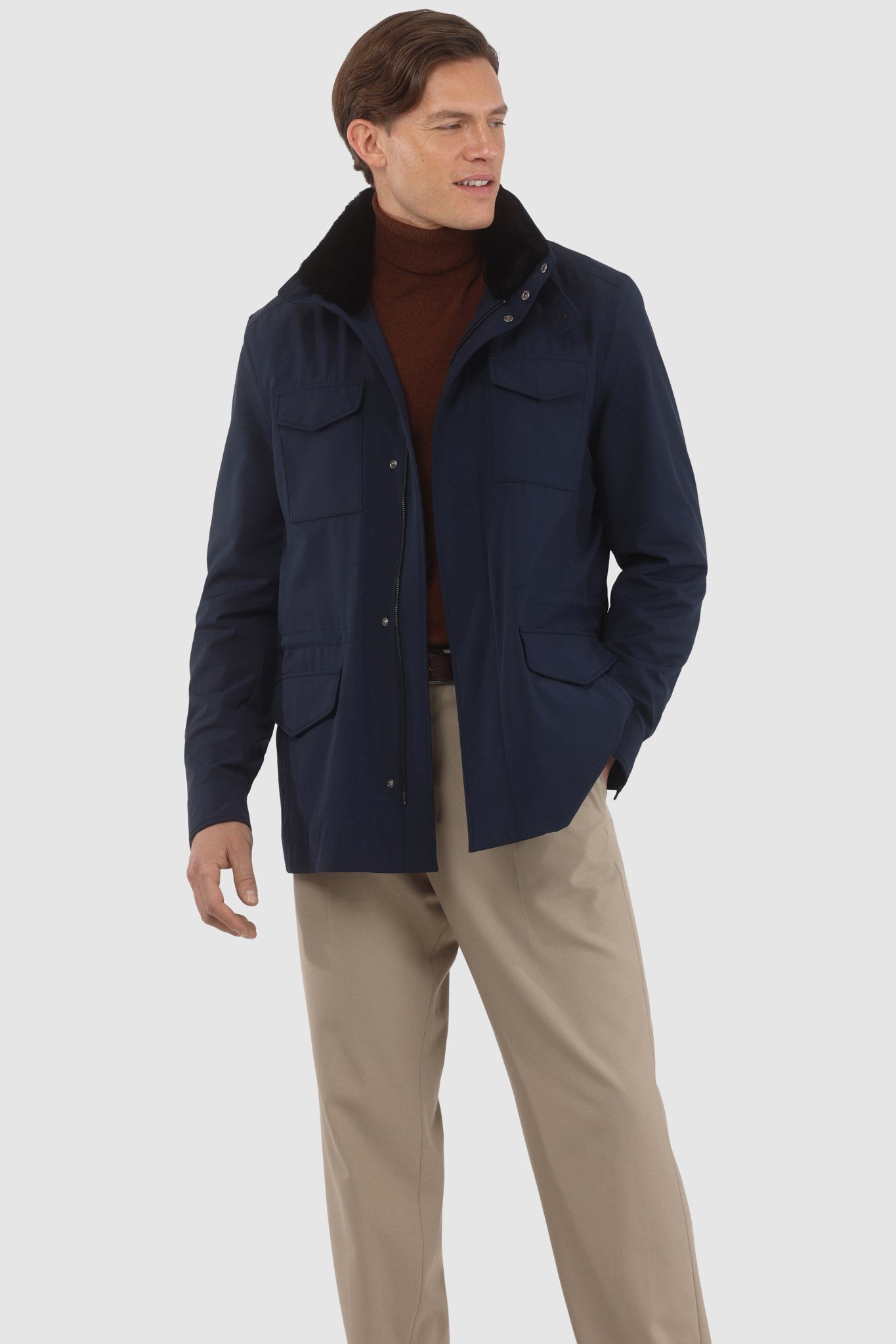 Men's Jacket Crafted From Loro Piana Storm System Fabric with Detachable Shearling Lamb Collar and Concealed Hood