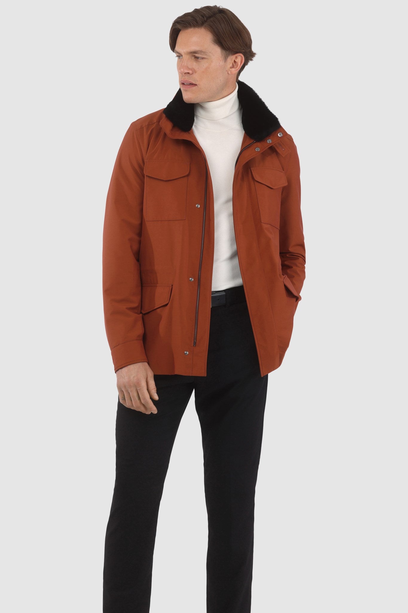 Men's Jacket Crafted From Loro Piana Storm System Fabric with Detachable Shearling Lamb Collar and Concealed Hood