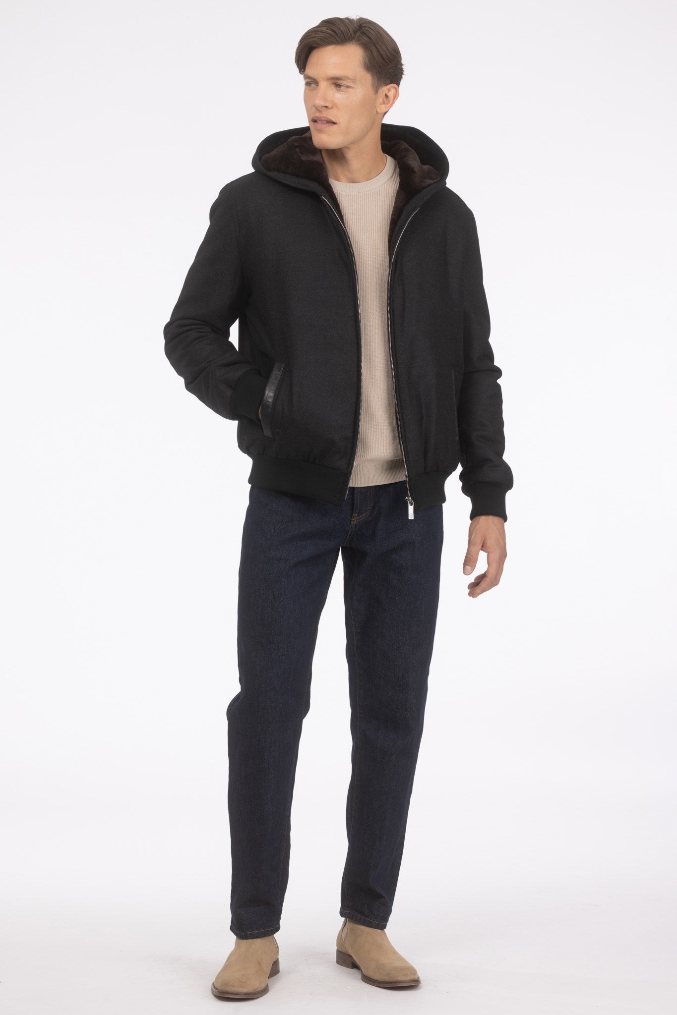 Men's Jacket Crafted From Loro Piana Cashmere and Wool with Select Shearling Lamb Lining