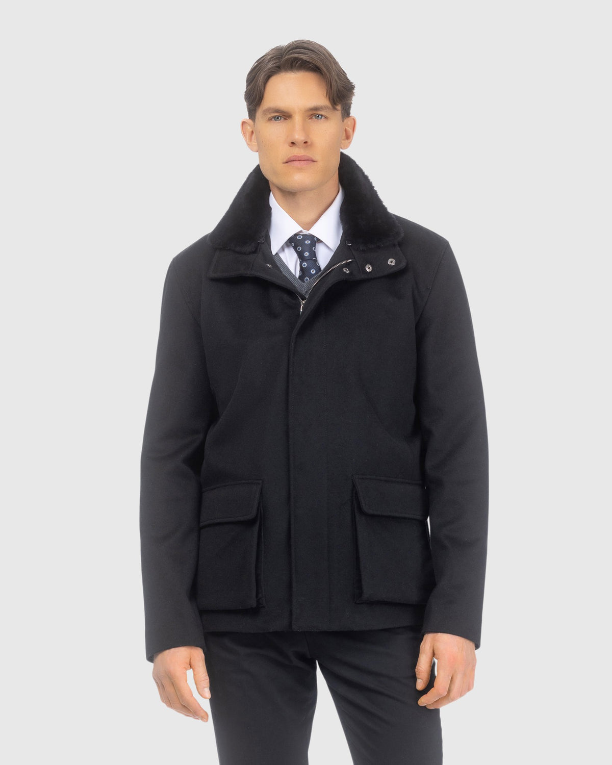 Men's wool jacket crafted from Loro Piana with detachable merino shearling lamb collar in black, front view