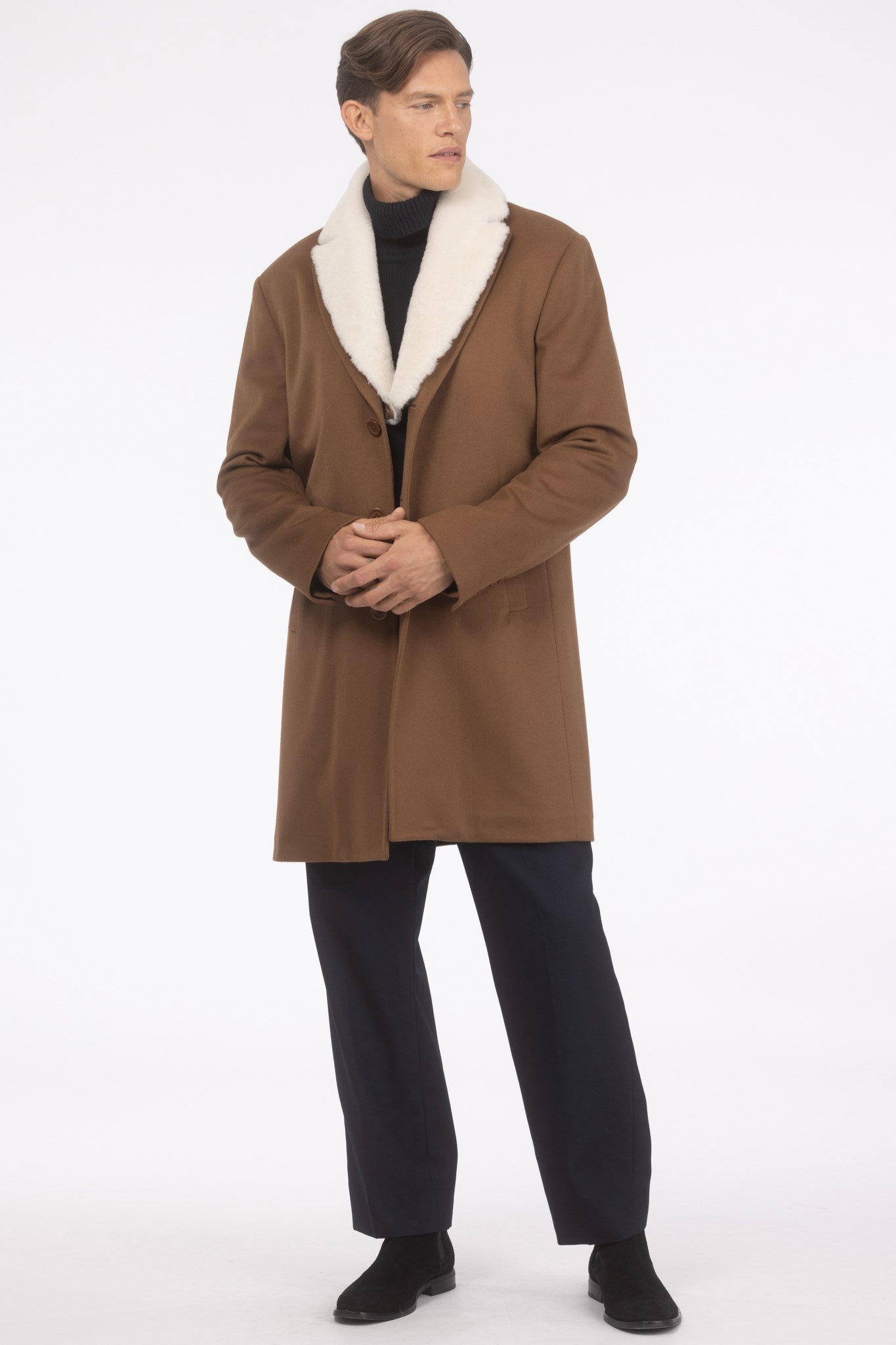 Men's Loro Piana Wool Short Coat with Merino Shearling Lamb Trim